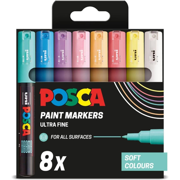 POSCA PC-1M - Extra Fine Tip Marker Pens - Soft Colours (8 Pack)