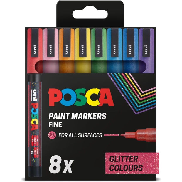 POSCA PC-3M - Fine Tip Marker Pens - Glitter Colours (8 Pack)
