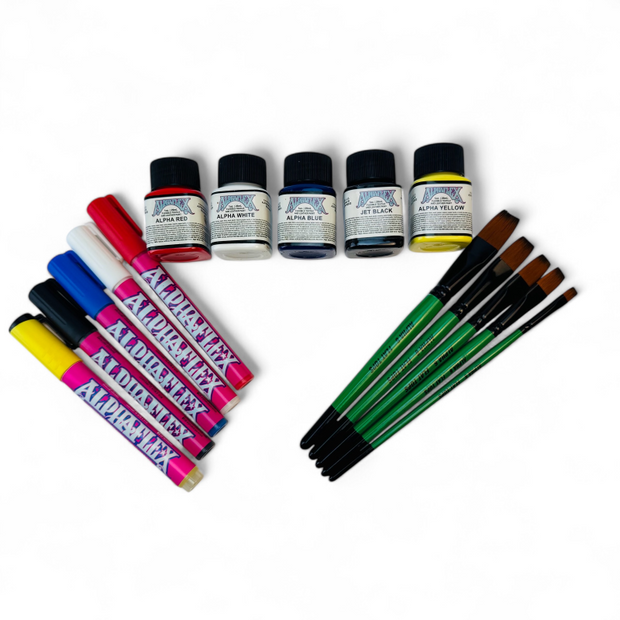 AlphaFlex Flexible Textile & Leather Paint - Primary Colours Starter Pack with Markers & Brushes